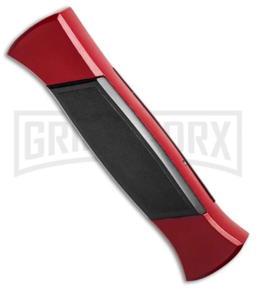 AKC 777 Blackfinger Red/Black OTF Automatic Knife - Flat Grind Satin Plain -AKC Knife Shop akc 777 red satin flat side cm large