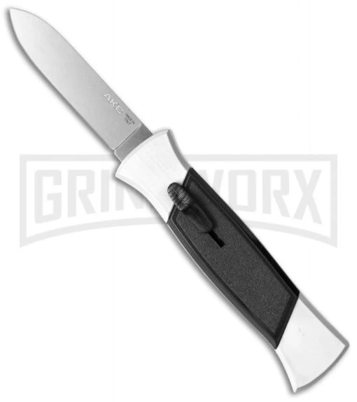 AKC 777 Blackfinger White/Black OTF Automatic Knife - Flat Grind Satin Plain -AKC Knife Shop akc 777 white satin flat cm large