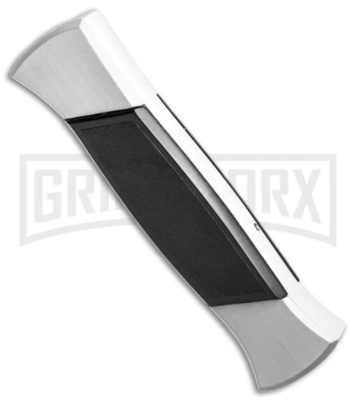 AKC 777 Blackfinger White/Black OTF Automatic Knife - Flat Grind Satin Plain -AKC Knife Shop akc 777 white satin flat side cm large