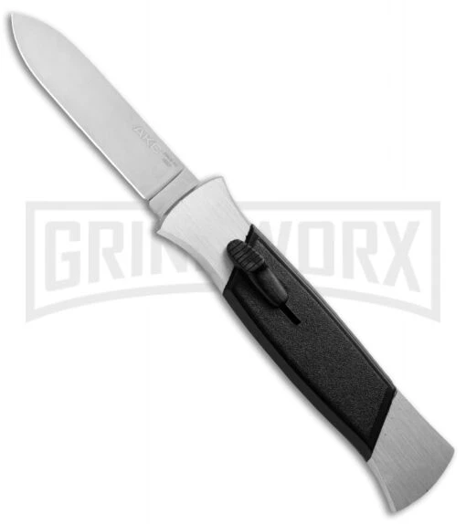 AKC 777 Blackfinger Brushed Aluminum OTF Automatic Knife - Flat Grind Satin -AKC Knife Shop akc blackfinger brushed alum satl bhq 50801 jr large