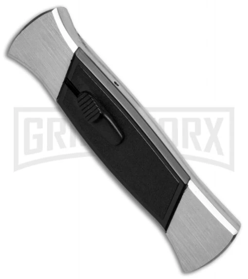 AKC 777 Blackfinger Brushed Aluminum OTF Automatic Knife - Flat Grind Satin -AKC Knife Shop akc blackfinger brushed alum satl side large