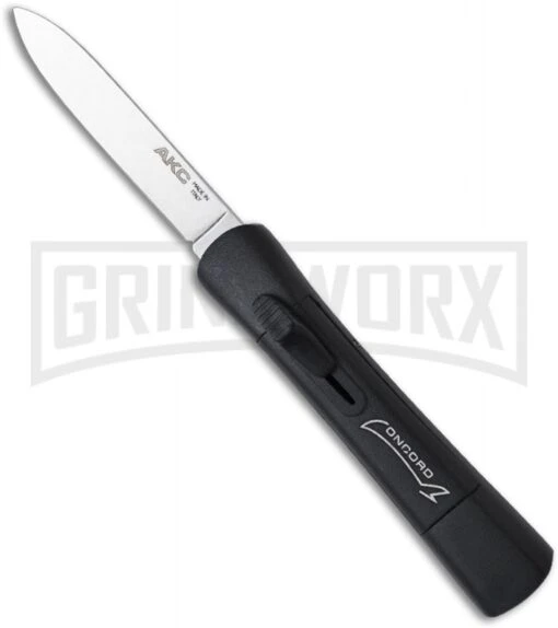 AKC Concord Black OTF Automatic Knife - Flat Grind Satin Plain -AKC Knife Shop akc concord black silver flat large