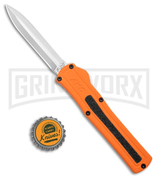 AKC F-20 Orange D/A OTF Dagger Automatic Knife - Satin Plain -AKC Knife Shop akc f 20 da otf auto black Orange aluminum Satin dagger BHQ 177350 jr bottlecap large