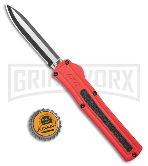 AKC F-20 Red D/A OTF Automatic Knife - Two Tone Plain -AKC Knife Shop akc f 20 da otf auto black red aluminum tt dagger BHQ 177264 jr bottlecap large