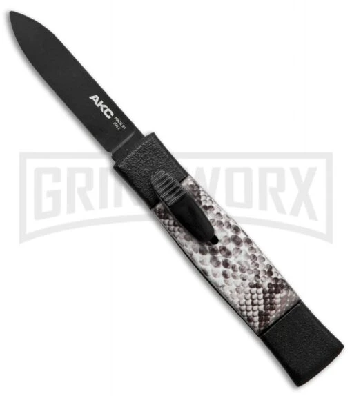 AKC Minion Concord Snake Skin OTF Automatic Knife - Flat Grind Black Plain -AKC Knife Shop akc mini concord black snake large