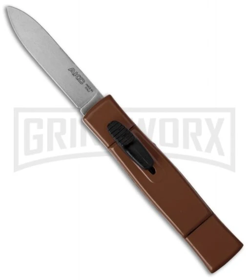 AKC Minion Concord Coyote Brown OTF Automatic Knife - Satin Plain -AKC Knife Shop akc minion otf brown satin cm large