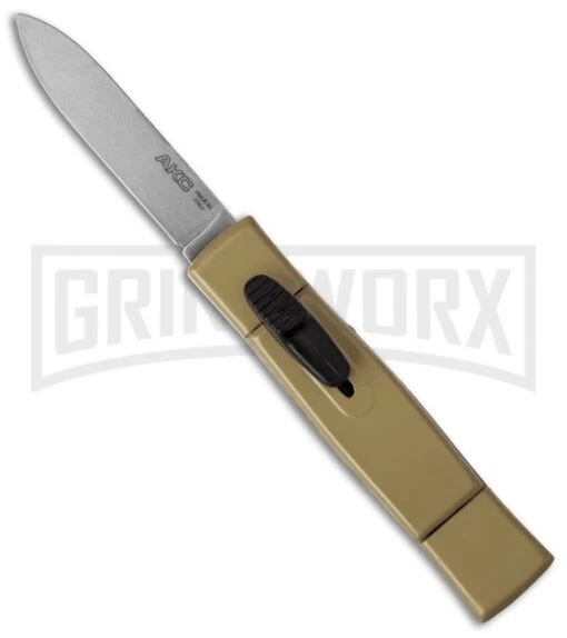 AKC Minion Concord Desert Tan OTF Automatic Knife - Satin Plain -AKC Knife Shop akc minion otf desert tan satin cm large