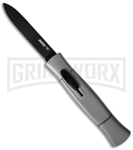 AKC 077 Gray OTF Automatic Knife - Black Flat -AKC Knife Shop akc otf 077 black flat grey dl large