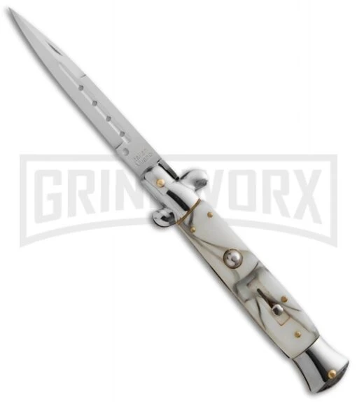 9" Anomaly Stiletto White Marble Automatic Knife - Bayonet -AKC Knife Shop anomaly stiletto a155bl white marble large