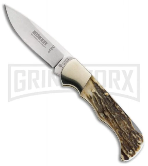 Boker Folding Hunter Lockback Knife Brown Stag (3" Satin) 110135HH -AKC Knife Shop boker folding hunter brown stag BO01866 BHQ 39962 er large