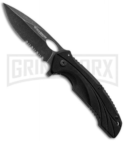 Boker Magnum Ellipse Folding Knife - Black Serr -AKC Knife Shop boker magnum fast ellipse folding black serr 01ry142 large