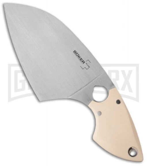 Boker Plus SanYouGo White Fixed Blade Knife - Satin Plain -AKC Knife Shop boker plus sanyougo white micarta 03bo052 large