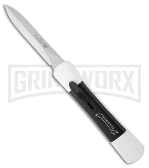 AKC Concord White/Black OTF Automatic Knife - Dagger Satin Plain -AKC Knife Shop concord white w black insert satin otf large