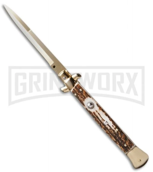 Frank B. 11" Italian Stiletto Stag Automatic Knife - Gold Bayonet -AKC Knife Shop fb 11 stag bayo gold jm large