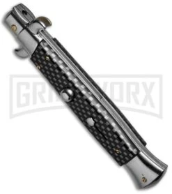 Frank B 9" Italian Stiletto Sim Carbon Fiber Automatic Knife -Satin Dagger -AKC Knife Shop frank b 9in stiletto cf dagger back dl large