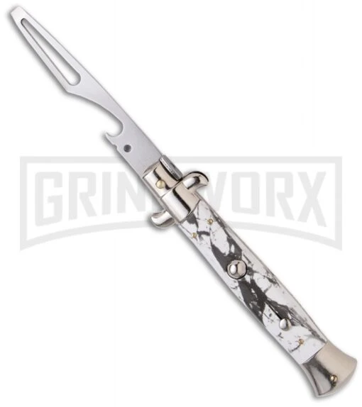 Frank B 8.5" Stiletto White Marble Automatic Bottle Opener -AKC Knife Shop frank b bottle opener 9in white marble large