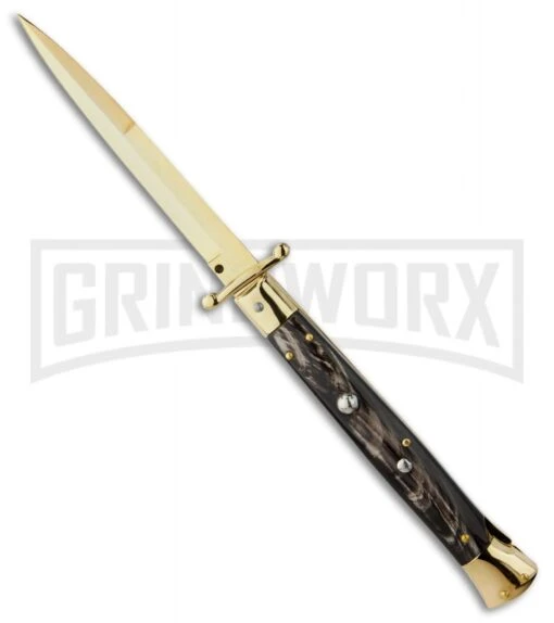 Frank B. 11" Italian Swinguard Gold Plated Dark Horn Automatic Knife - Bayonet -AKC Knife Shop frank b stillettos 11 swing guard gold dark horn bayo large