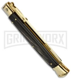 Frank B. 11" Italian Swinguard Gold Plated Dark Horn Automatic Knife - Bayonet -AKC Knife Shop frank b stillettos 11 swing guard gold dark horn bayo side large