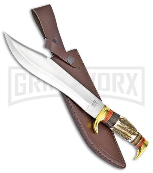 Frost Cutlery Trophy Stag Bowie Stag Fixed Blade Knife - Satin Plain -AKC Knife Shop frost cutlery trophy stag bowie stag satin BP 26875 jr large