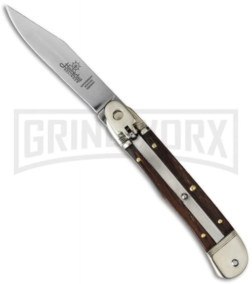 Hubertus 7" Medium Lever Lock Rosewood Automatic Knife - Satin Plain -AKC Knife Shop hubertus medium lever rosewood cm large