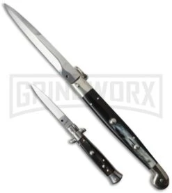 A.G.A. Campolin 12" Dark Horn Sicilian RIng Pull Automatic Knife - Bayonet -AKC Knife Shop ltd sicilian ring dark bayo 6in dark horn stiletto flat sizes large