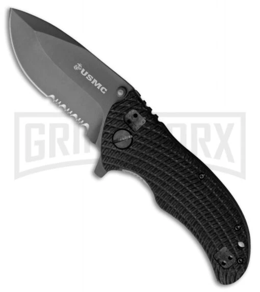 M-Tech USMC Heavy Duty Black Aluminum Manual Folding Knife - Black Serr -AKC Knife Shop m tech usmc heavy duty black alum black serr BP 28523 jr large