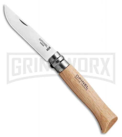 Opinel Knives No. 8 Beech Wood Folding Knife - Stainless Steel Plain -AKC Knife Shop opinel 8 stainless Steel Beech Satin BHQ 14345 jr large