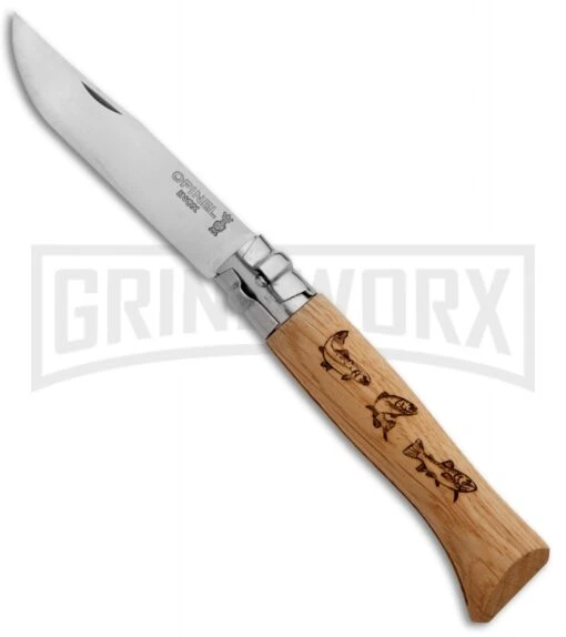 Opinel Knives No. 8 Oak Wood Folding Knife Trout - Stainless Steel -AKC Knife Shop opinel op01625 oak fish large