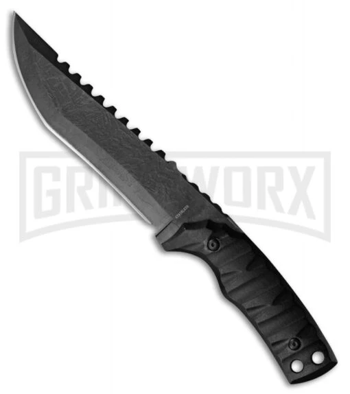 Rite Edge Shadow Black Tactical Fixed Blade Knife W/ Sawback - Black Plain -AKC Knife Shop rite edge shadow black tactical sawback black BP 29522 jr large