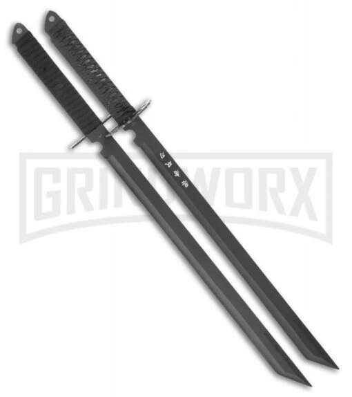 Rite Edge Twin Ninja Black Cord Wrapped Sword Set - Black Plain -AKC Knife Shop rite edge twin ninja black cord wrapped sword set black BP 29566 jr large