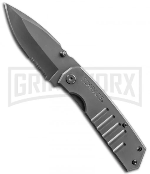 Schrade SCH304S Tactical Drop Point Folding Knife - Gray Serr -AKC Knife Shop schrade frame serr sch304s large