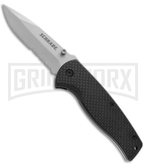 Schrade Black Carbon Fiber Folding Knife - Bead Blast Serr -AKC Knife Shop schrade sch403s serrated carbon fiber large