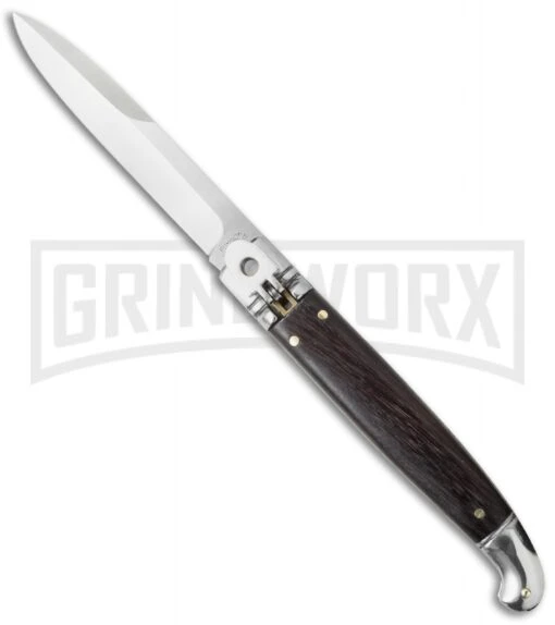 SKM 9.5" Dark Wood Fancy LeverLock Automatic Stiletto Knife - Satin Bayo -AKC Knife Shop skm 9 5in wood leverlock cm large