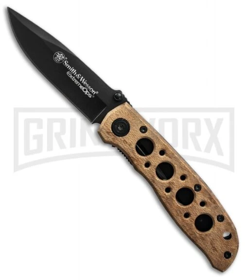 Smith & Wesson Extreme Ops CK105HD Desert Tan Folding Knife - Black Plain -AKC Knife Shop smith wesson ck105hd large