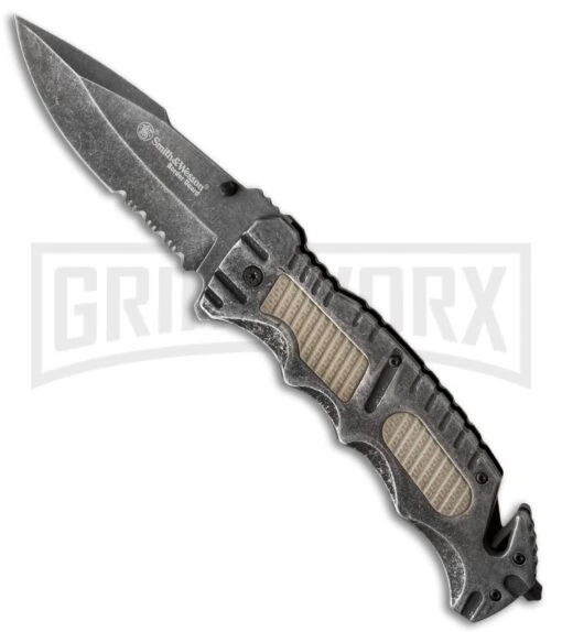 Smith & Wesson Border Guard SWBG7S Folding Knife - Black Stonewash Serr -AKC Knife Shop smith wesson swbg7s serrated jm large