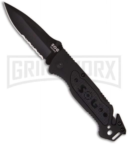 SOG Escape Black Folding Knife - Black Serr -AKC Knife Shop sog escape ff 25 large