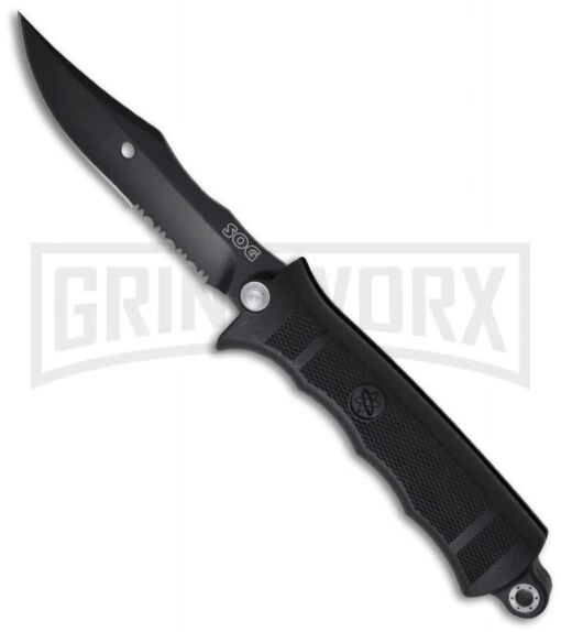 SOG Fusion Black Revolver Seal W/ Saw & Clip Point Blade -AKC Knife Shop sog revolver seal fx 21 large