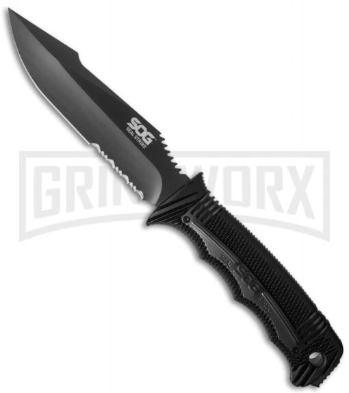 SOG Seal Strike Fixed Blade Knife Deluxe Sheath - TiNi Black Serr -AKC Knife Shop sog seal strike ss1003 cp cm large