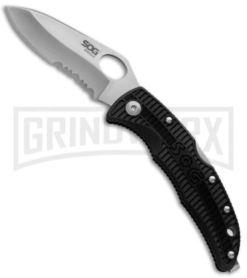 SOG SOGzilla Small Folding Knife - Satin Serr -AKC Knife Shop sog sogzilla small sp 02 black serrated large