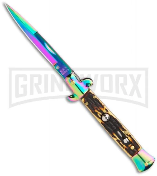 Anomaly 9" Stiletto Style Automatic Knife Sim Stag Handle - Spectrum Plain -AKC Knife Shop stiletto milano 9 a150fr large