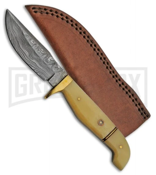 Tallen Timber Mosaic White Smooth Bone Fixed Blade Knife - Damascus Plain -AKC Knife Shop tallen timber mosaic white smooth bone damascus BP 29713 jr large