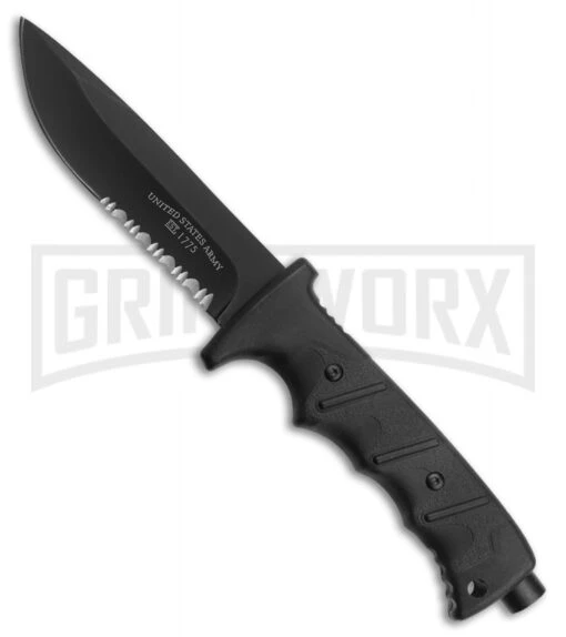 US Army Valor Black Fixed Blade Knife W/ Sheath - Black Serr -AKC Knife Shop us army valor black sheah black serr BP 28693 jr large