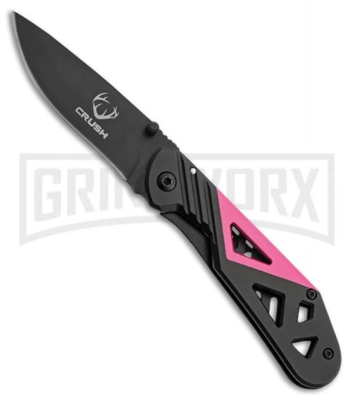 Utica Cutlery Crush Air Black/Pink Aluminum Manual Folding Knife - Black Plain -AKC Knife Shop utica cutlery crush air black pink alum black BP 29862 jr large