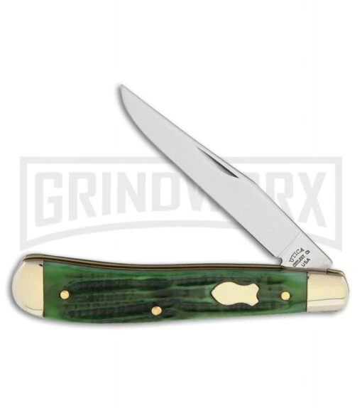 Utica Cutlery Sheriff Slimline Trapper Green Jigged Bone Pocket Knife -AKC Knife Shop utica cutlery sherriff slimline trapper green jigged bone BP 29902 jr large